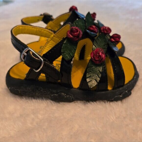 Pom D'Api Black Patent Sandals w Red and Green Rose Accents - Picture 4 of 5